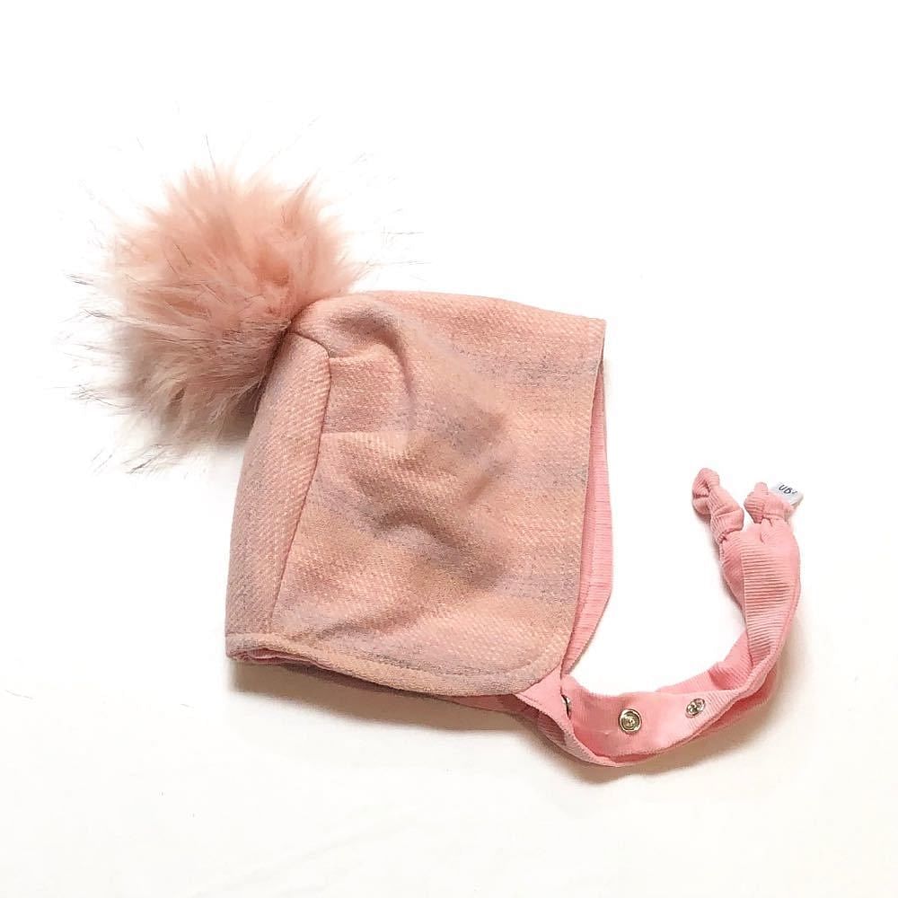 Brimless Bonnet in Dawn w-POMS - bebabyco