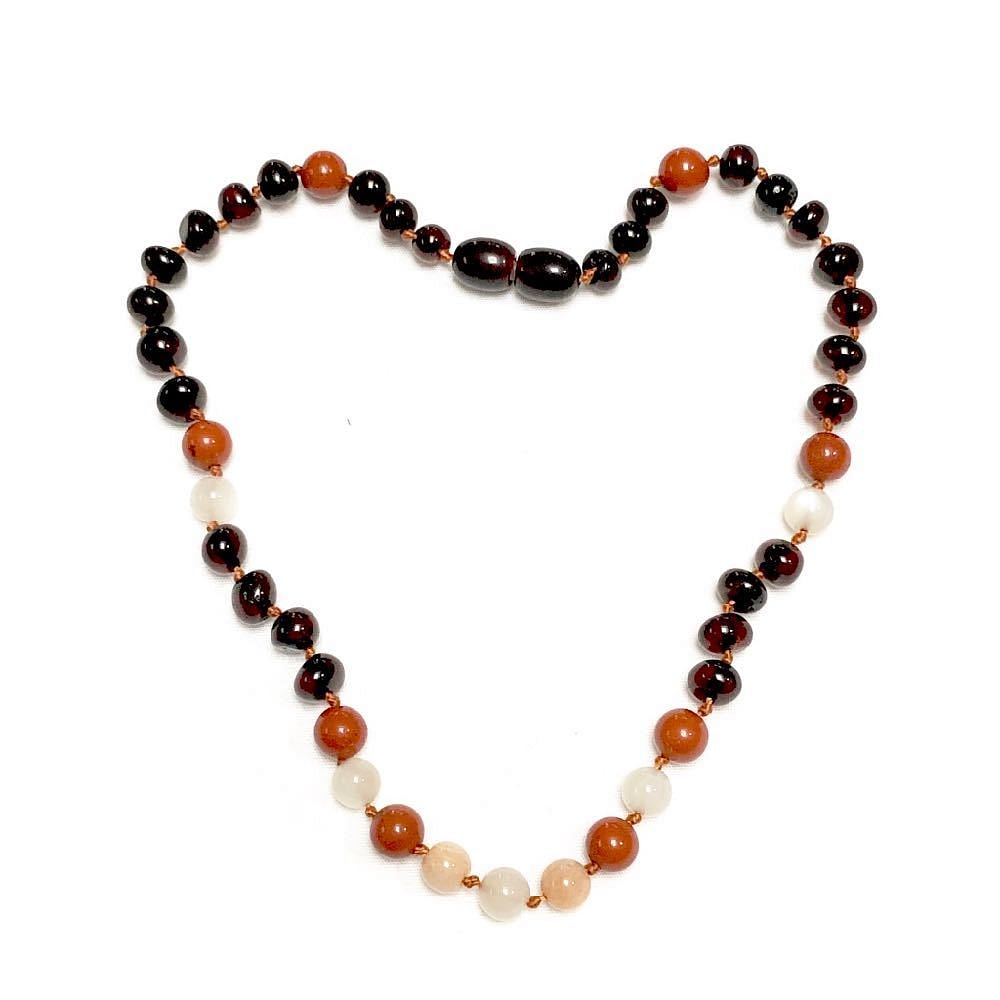 Teething Necklace with polished amber, moonstone & jasper - bebabyco
